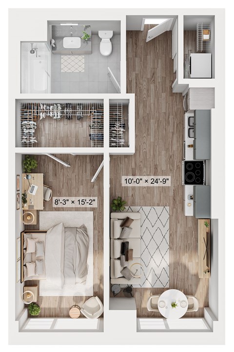 A floor plan of a small apartment with a bedroom, bathroom, and kitchen.